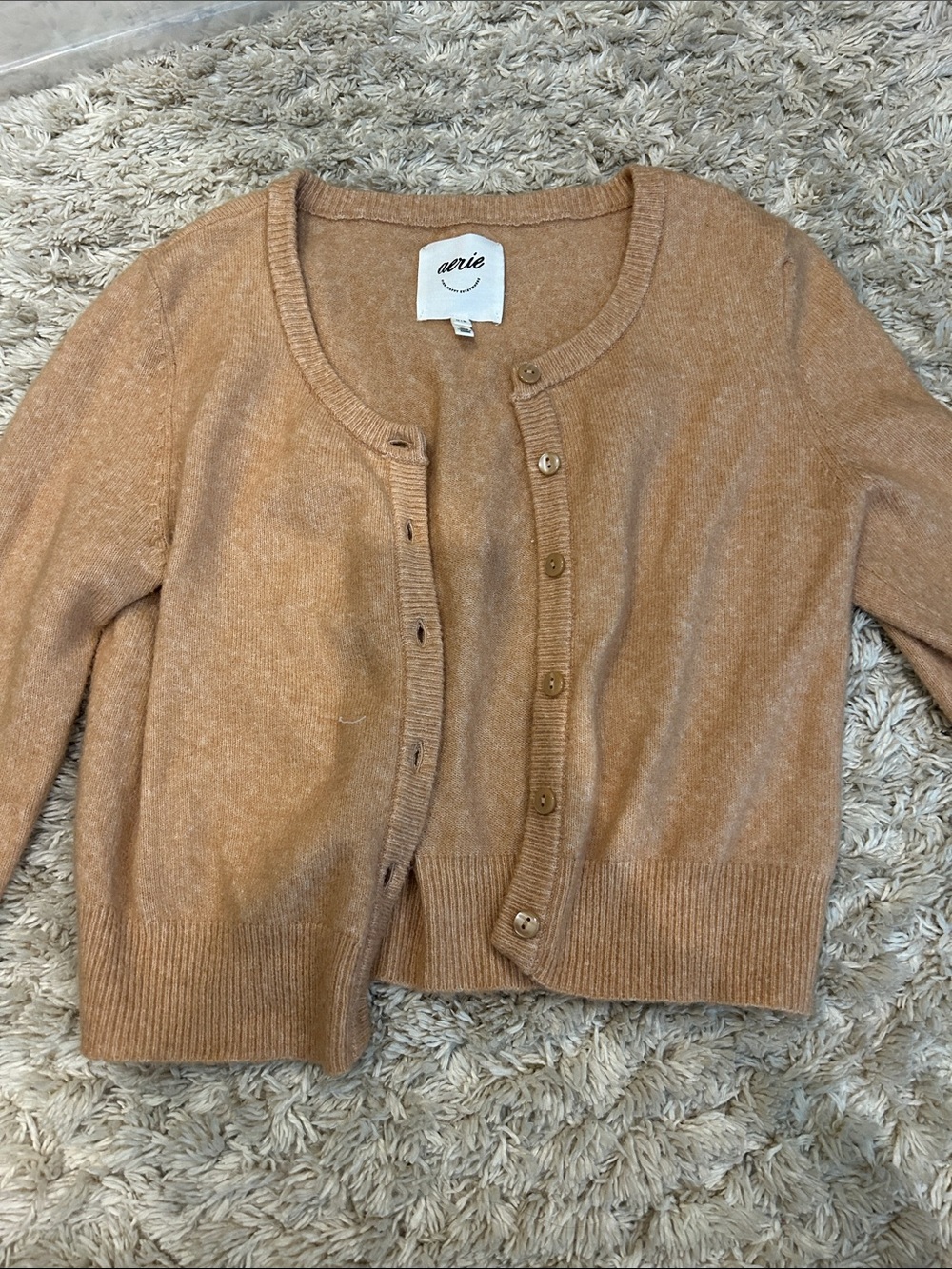 aerie Camel Button-Front Crewneck Cardigan